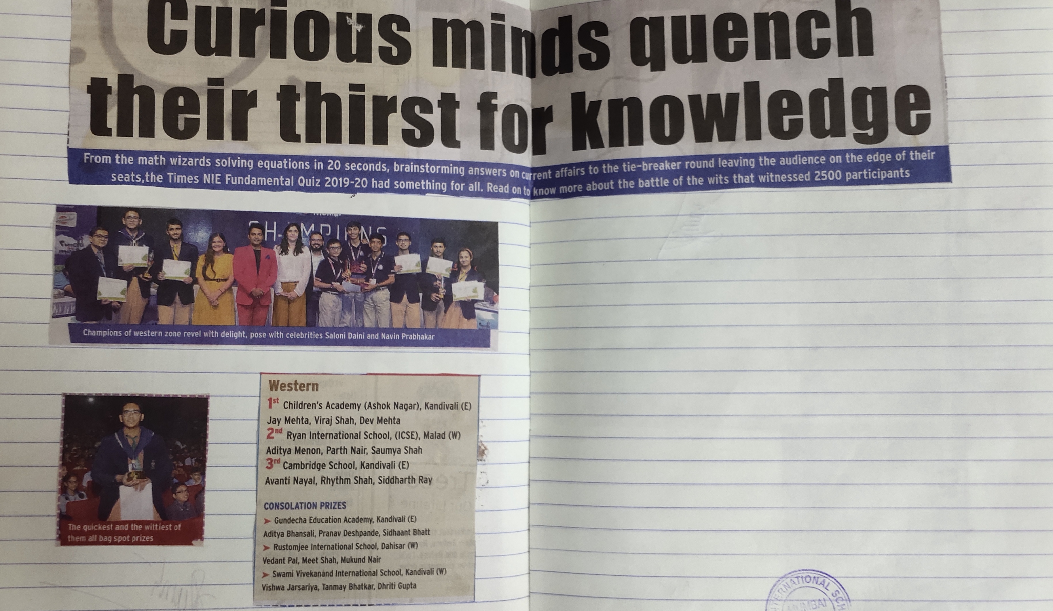 An article under the name “Being Amongst top Ten School in Mumbai City” was published in the Sansad